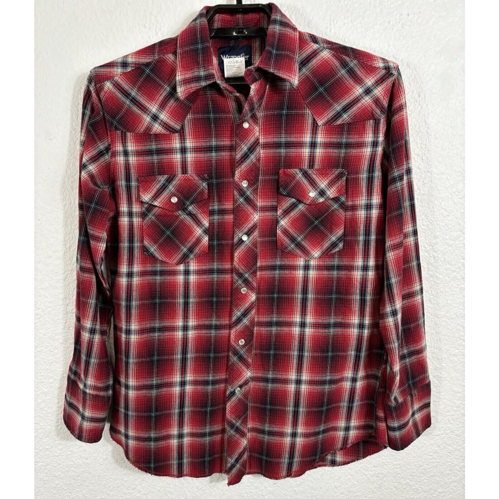 Vintage Wrangler Western Shirt Mens Medium Thick Cotton Red Plaid Pearl Snap